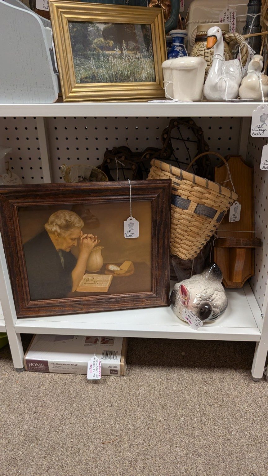 Framed art, ceramics and baskets at The Vintage Belle booth