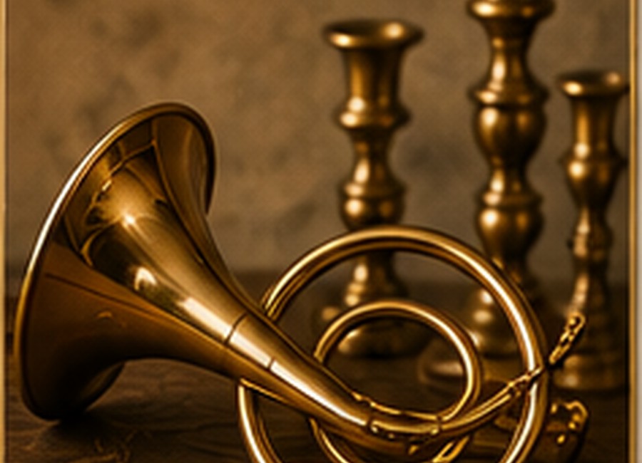 Vintage brass horn with brass candlesticks